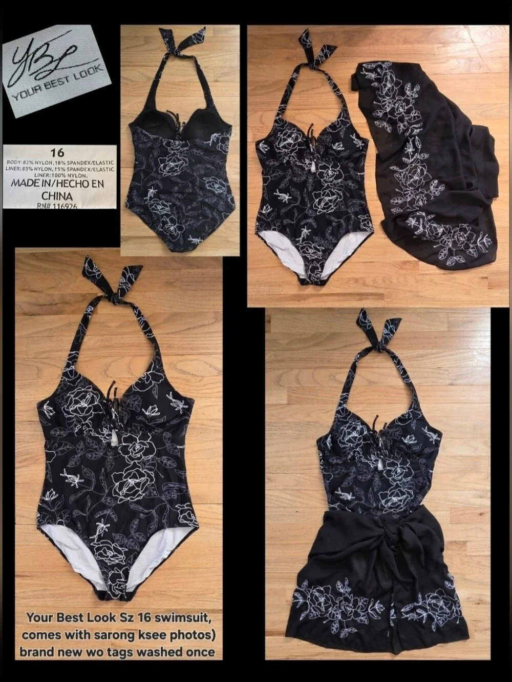 Black Floral One-Piece Swimsuit with Matching Sarong